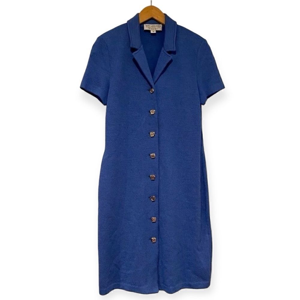 St. John Collection Gold Button Front Blue Dress Size 2